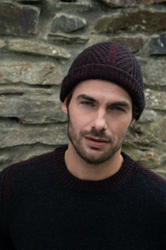 Plated Herringbone Rib Stitch Hat - Dark Umber - Fisherman Out of Ireland - on model