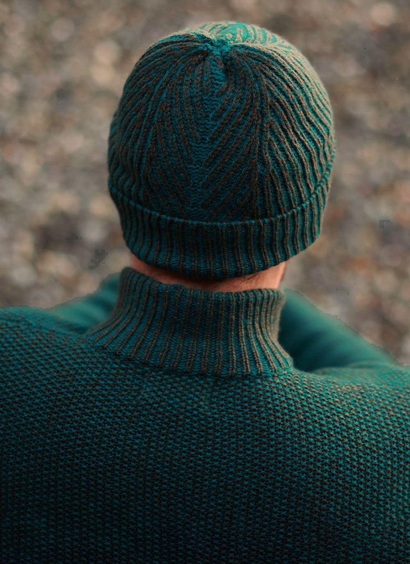 Plated Herringbone Rib Stitch Hat - Emerald - Fisherman Out of Ireland - back