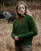Raglan Cardigan with cable detail - Shamrock - Fisherman Out of Ireland - on model