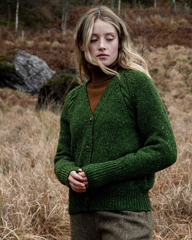 Raglan Cardigan with cable detail - Shamrock - Fisherman Out of Ireland - on model