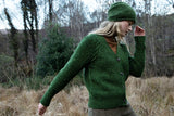 Raglan Cardigan with cable detail - Shamrock - Fisherman Out of Ireland - on model, side
