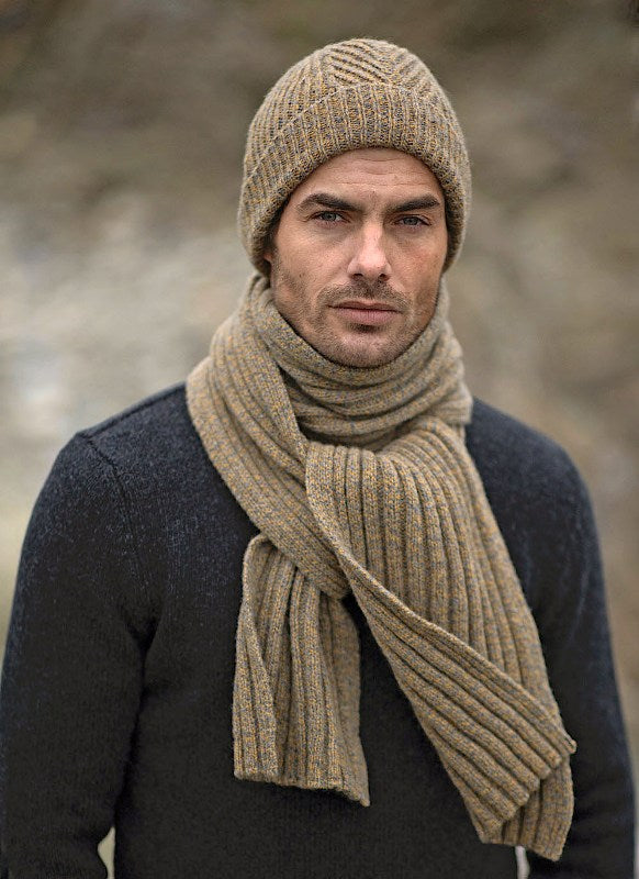 Rib Herringbone Stitch Hat - Mustard and Grey - Fisherman Out of Ireland - on model