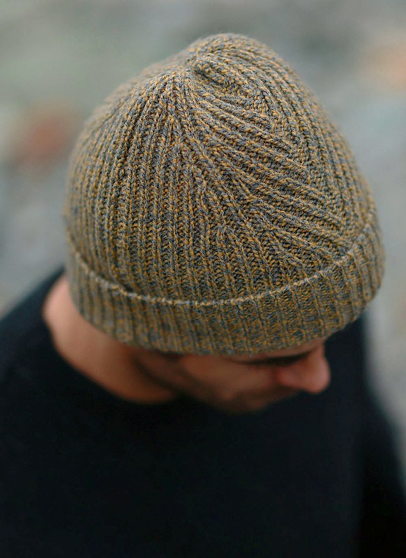 Rib Herringbone Stitch Hat - Mustard and Grey - Fisherman Out of Ireland - side