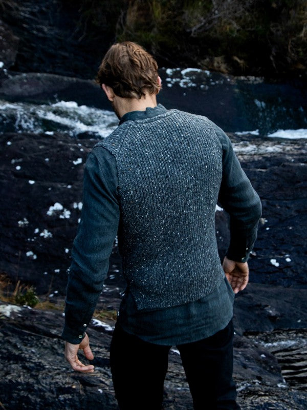 Ribbed Button Waistcoat - Wool Steel - Fisherman Out of Ireland - on model, back