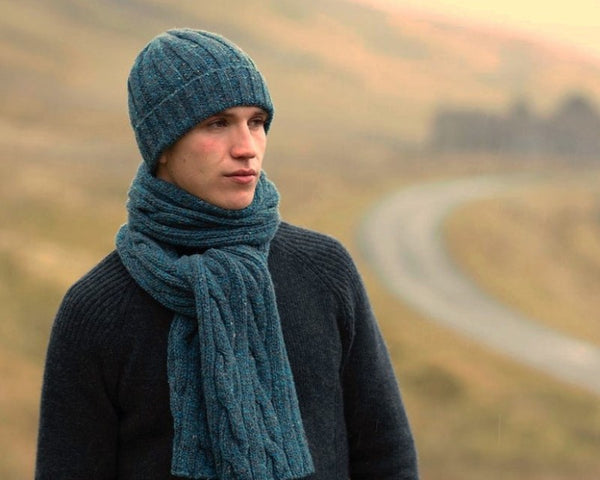Ribbed Hat - Teal Grey - Fisherman Out of Ireland - on model