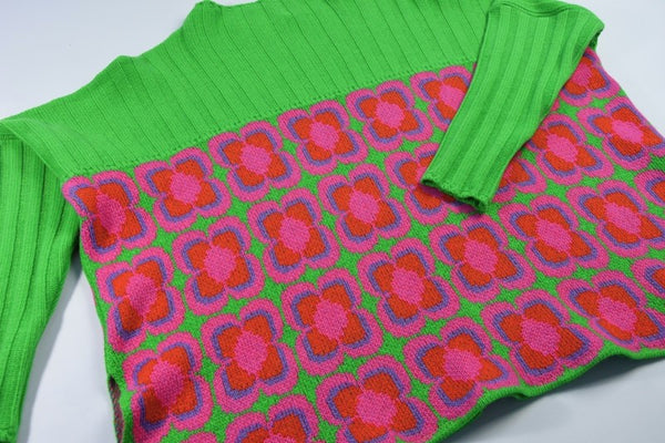 Ribbed Retro Daisy Jumper - Apple green, fiesta, papaya and amethyst - Linda Wilson - detail