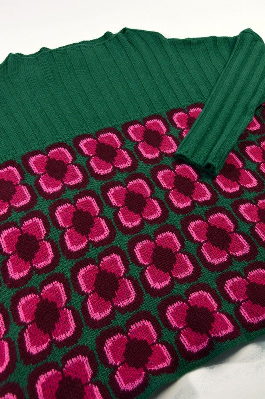 Ribbed Retro Daisy Jumper - Forest, beetroot, chianti and fiesta - Linda Wilson - detail