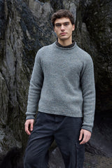 Ribbed Roll Neck Jumper with curved end at back - Smoke - Fisherman Out of Ireland - on model