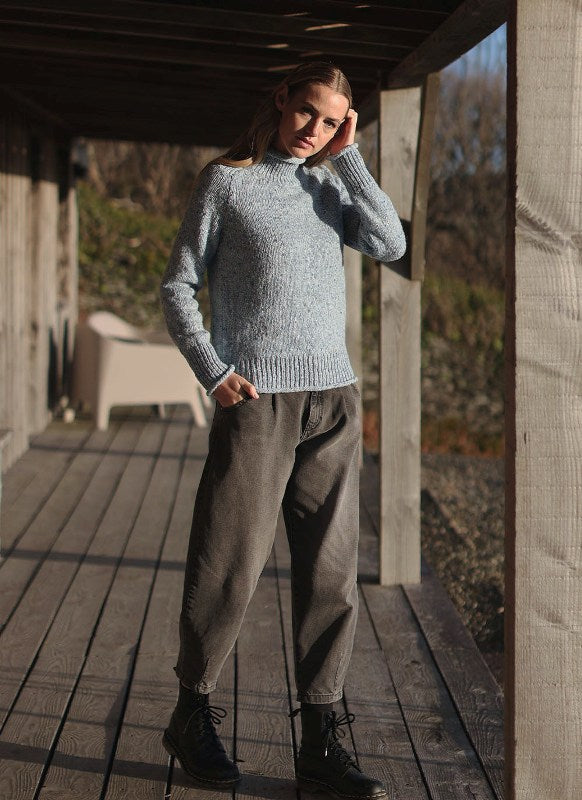 Saddle Shoulder Jumper with Roll Edges - Blue Mist - Fisherman Out of Ireland - on model