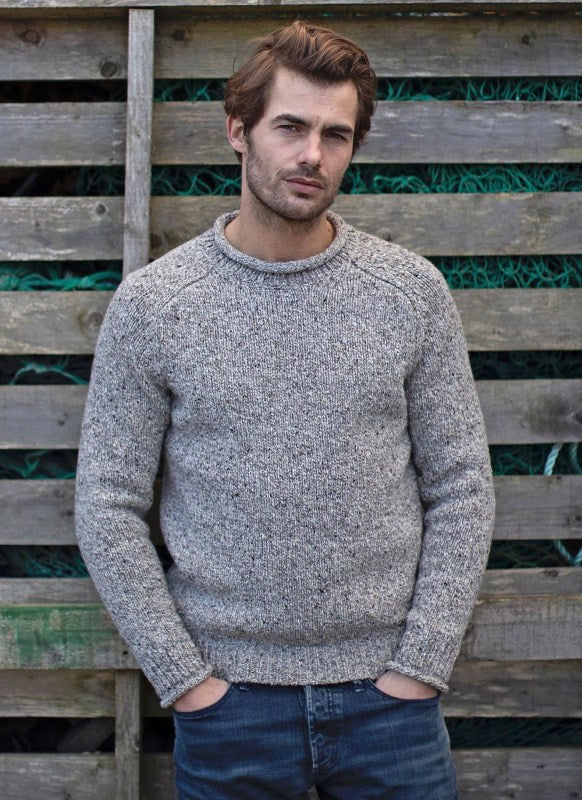 Saddle Shoulder Roll Neck Jumper - Porridge - Fisherman Out of Ireland - front on model
