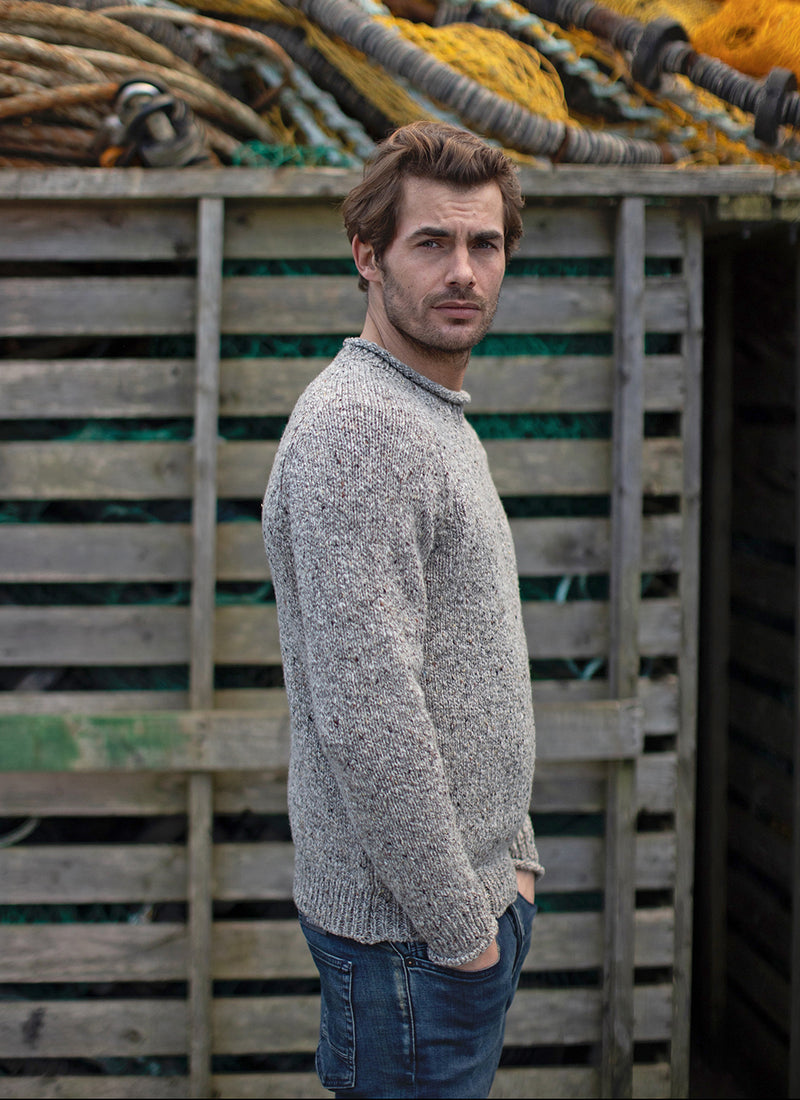 Saddle Shoulder Roll Neck Jumper - Porridge - Fisherman Out of Ireland - on model side
