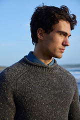 Saddle Shoulder Roll Neck Jumper - Steel Wool - Fisherman Out of Ireland - close up on model