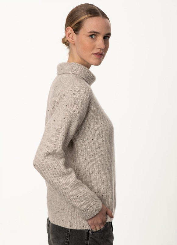 Semi Felted Boxy Mock Neck sweater - Oyster - Fisherman Out of Ireland - on model side