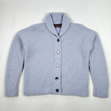 A light blue knit cardigan sweater with a shawl collar, button-front closure, and ribbed cuffs and hem, laid flat against a light gray background.