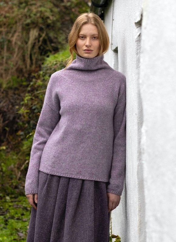Slouchy Funnel Neck sweater - Lilac - Fisherman Out of Ireland - on model, front