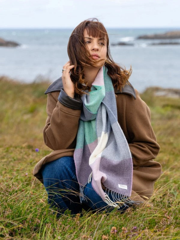 Spearmint and Smoke Check Lambswool Scarf - McNutt of Donegal - on model