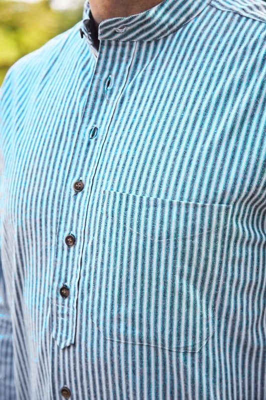 Vintage Granddad Shirt - Green & Blue stripes - Lee Valley  - detail pocket