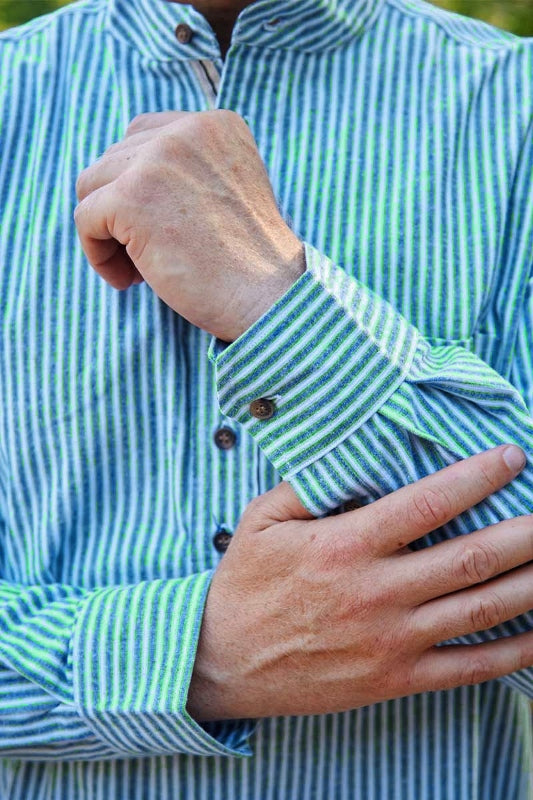 Vintage Granddad Shirt - Green & Blue stripes - Lee Valley - detail wrist