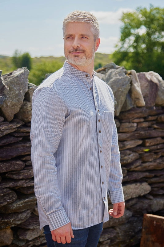 Vintage Granddad Shirt - Slate grey pin stripes - Lee Valley - on model, side