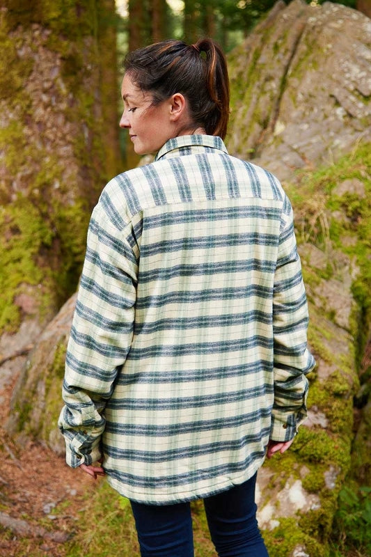 Women Collar Fleece Lined Flannel Shirt - Ecru, Green and Navy Check - Lee Valley - on model back