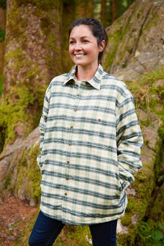 Women Collar Fleece Lined Flannel Shirt - Ecru, Green and Navy Check - Lee Valley - on model
