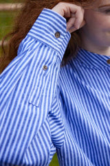 Women Vintage Granddad Shirt - Blue Stripes - Lee Valley - on model- sleeve detail