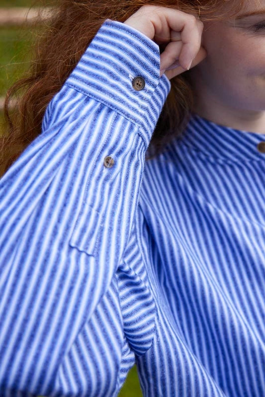 Women Vintage Granddad Shirt - Blue Stripes - Lee Valley - on model- sleeve detail