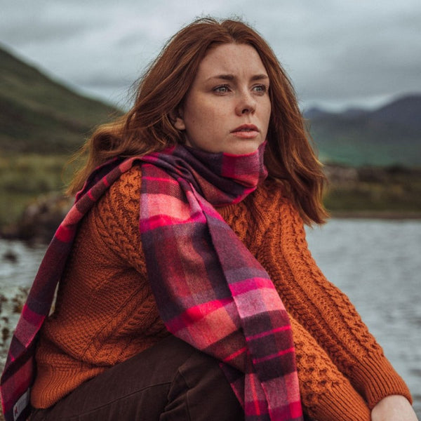 Fine Merino Scarf - Pink and Burgundy Plaid - John Hanly - on model