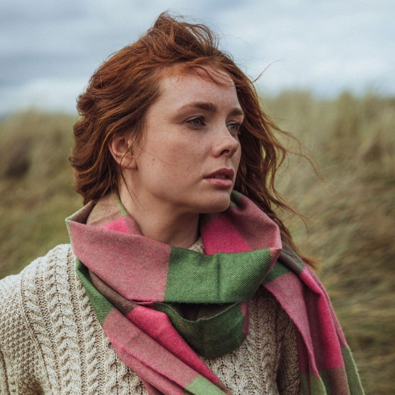 Fine Merino Scarf - Pink and Green Block - John Hanly 