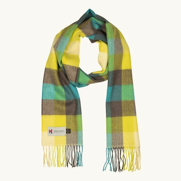 Fine Merino Scarf - Turquoise, Yellow and Brown Block Check - John Hanly 2