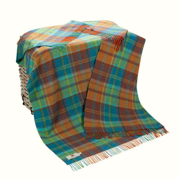 Lambswool Throw - Blue, Green and Orange Mix Plaid - John Hanly