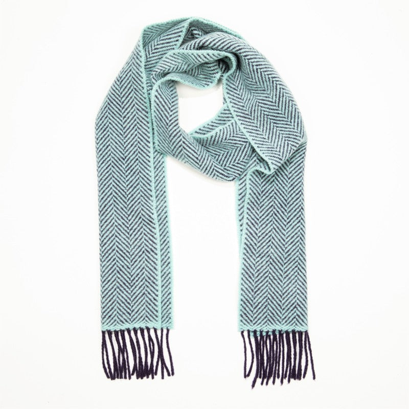 Merino and Cashmere Scarf -Duck Egg and Navy Herringbone - John Hanly