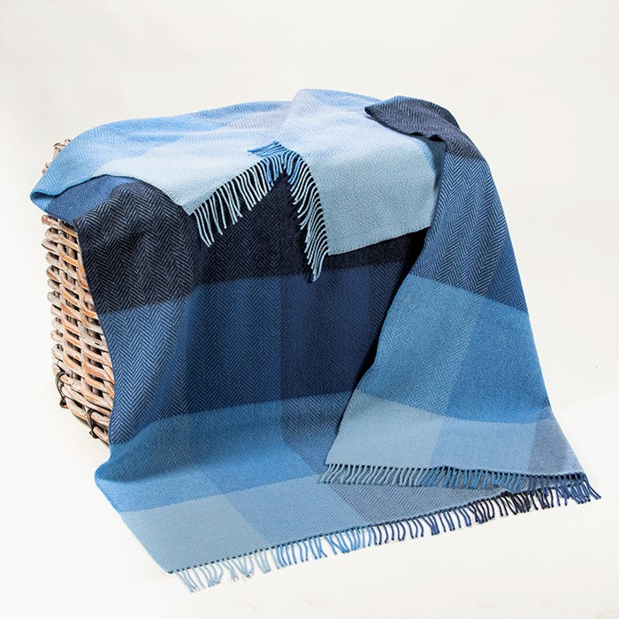 Merino and Cashmere Throw – Blue Mix Herringbone Block - John Hanly