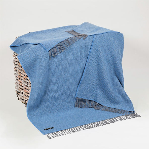 Merino and Cashmere Throw – Grey and Blue Herringbone - John Hanly