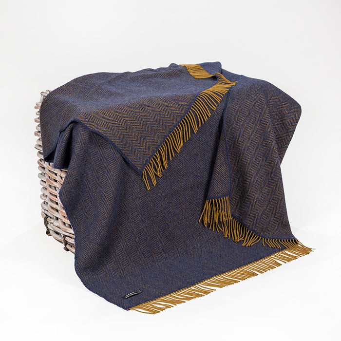 Merino and Cashmere Throw – Mustard and Midnight Blue Herringbone - John Hanly