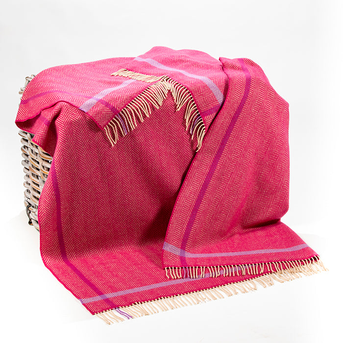 Merino and Cashmere Throw – Raspberry and Cream Herringbone - John Hanly