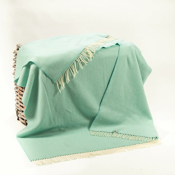 Merino and Cashmere Throw – White and Mint Herringbone - John Hanly