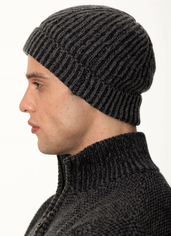 Plated Herringbone Rib Stitch Hat - Granite - Fisherman Out of Ireland - side