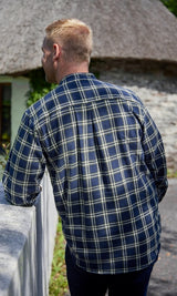 Vintage Granddad Shirt - Khaki Green and Ecru Check on Navy Ground - Lee Valley