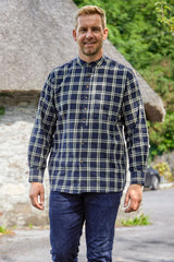 Vintage Granddad Shirt - Khaki Green and Ecru Check on Navy Ground - Lee Valley