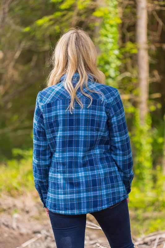 Women Collar Fleece Lined Flannel Shirt – Blue Tartan - Lee Valley - back