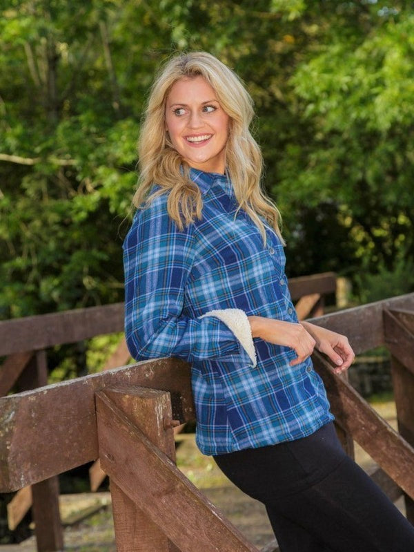 Women Collar Fleece Lined Flannel Shirt – Blue Tartan - Lee Valley