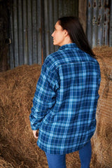 Women Collar Fleece Lined Flannel Shirt – Blue and navy check - Lee Valley - back