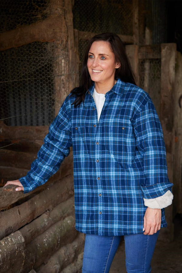 Women Collar Fleece Lined Flannel Shirt – Blue and navy check - Lee Valley