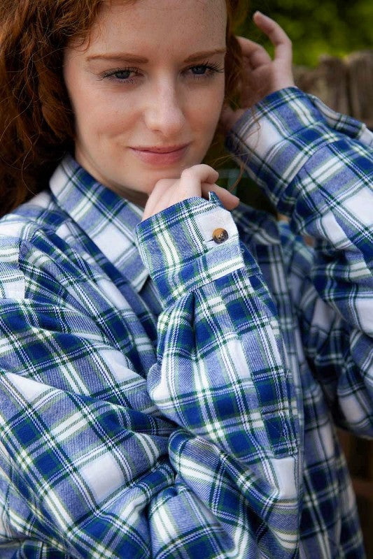 Women Collar Fleece Lined Flannel Shirt - Douglas Blue Tartan - Lee Valley - cuff