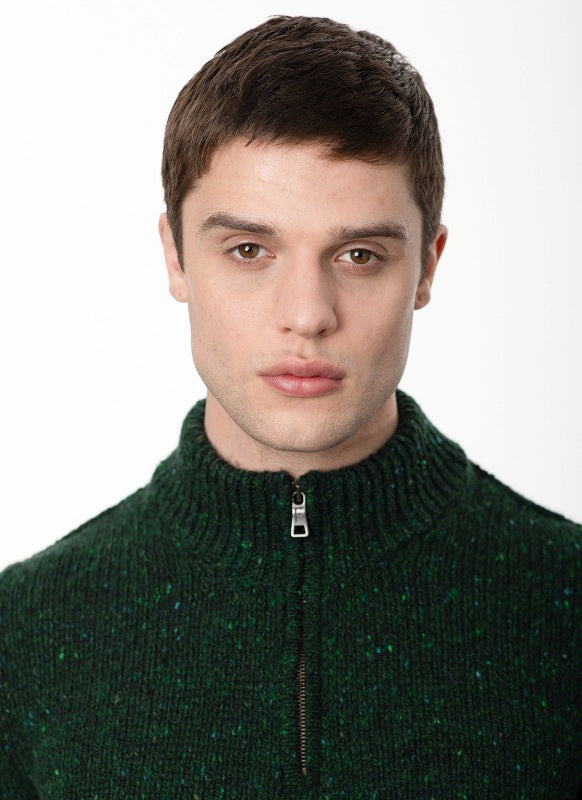 Zip Neck Jumper - Bottle Green - Fisherman Out of Ireland - front detail