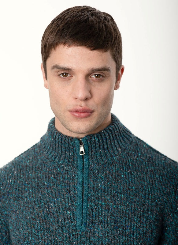 Zip Neck Sweater - Teal Grey - Fisherman Out of Ireland - detail front