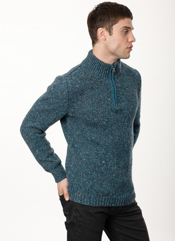 Zip Neck Sweater - Teal Grey - Fisherman Out of Ireland - side