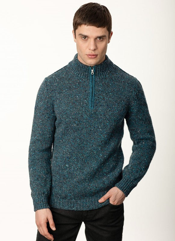 Zip Neck Sweater - Teal Grey - Fisherman Out of Ireland