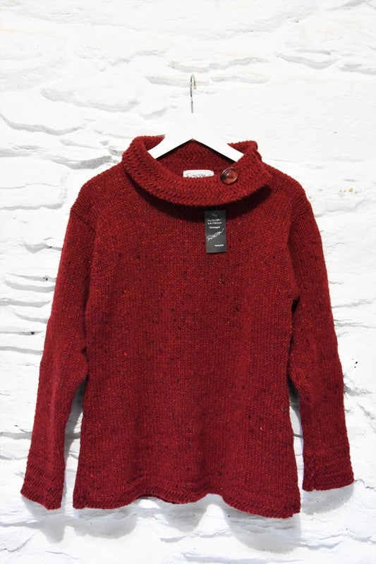 Boat neck and herringbone edges sweater - Red - Rossan Knitwear - front